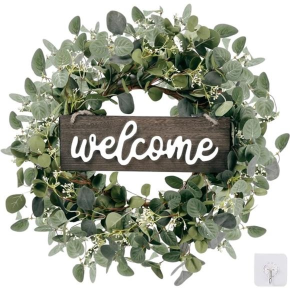 Green Eucalyptus Leaf Wreath with Welcome Sign 20in Artificial Eucalyptus Wreath - Picture 1 of 7